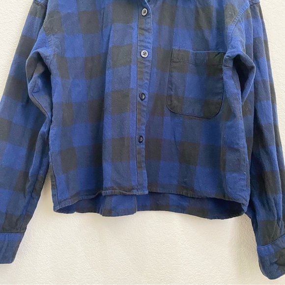 WILD FABLE Navy Buffalo Check Plaid Flannel Cropped Button Down Shirt Size XL - Picture 9 of 14